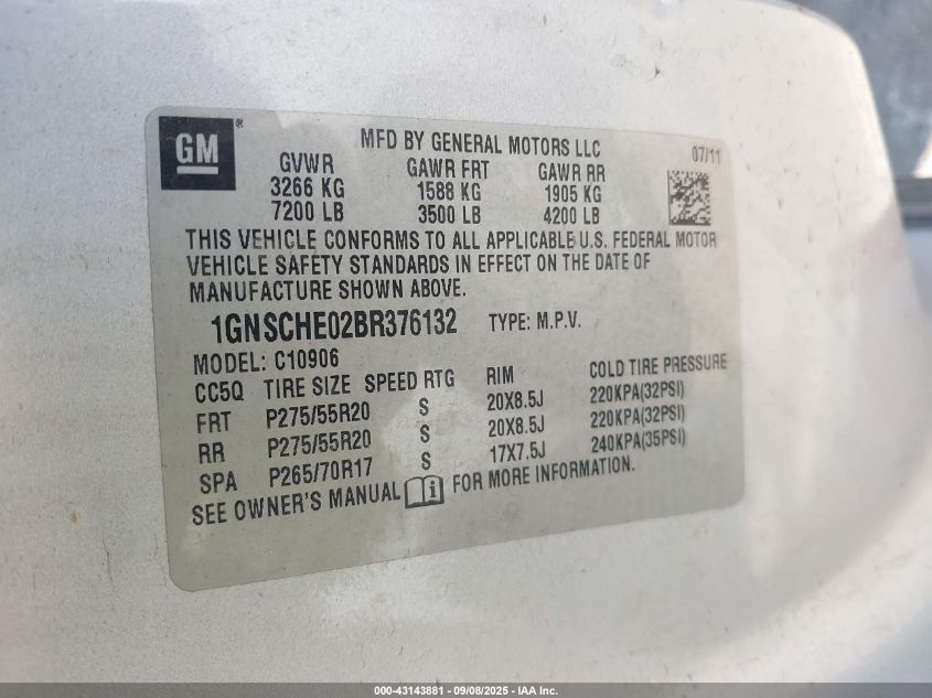 2011 Chevrolet Suburban 1500 Ls VIN: 1GNSCHE02BR376132 Lot: 43143881