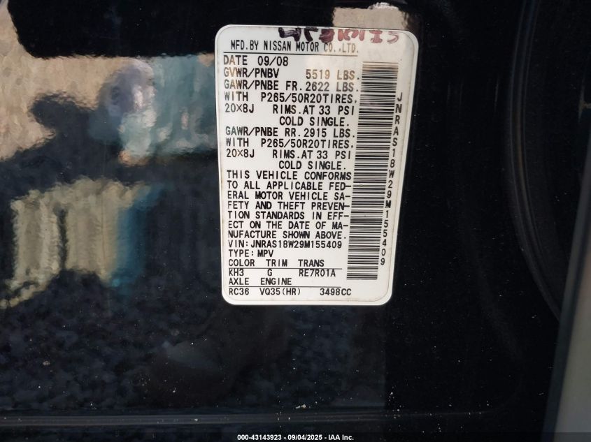 2009 Infiniti Fx35 VIN: JNRAS18W29M155409 Lot: 43143923