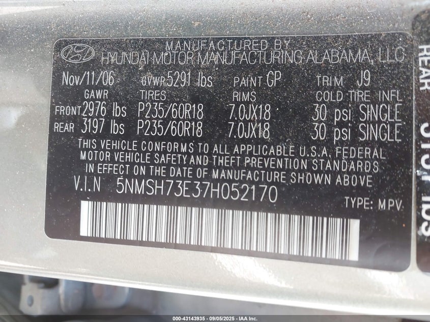 2007 Hyundai Santa Fe Limited/Se VIN: 5NMSH73E37H052170 Lot: 43143935