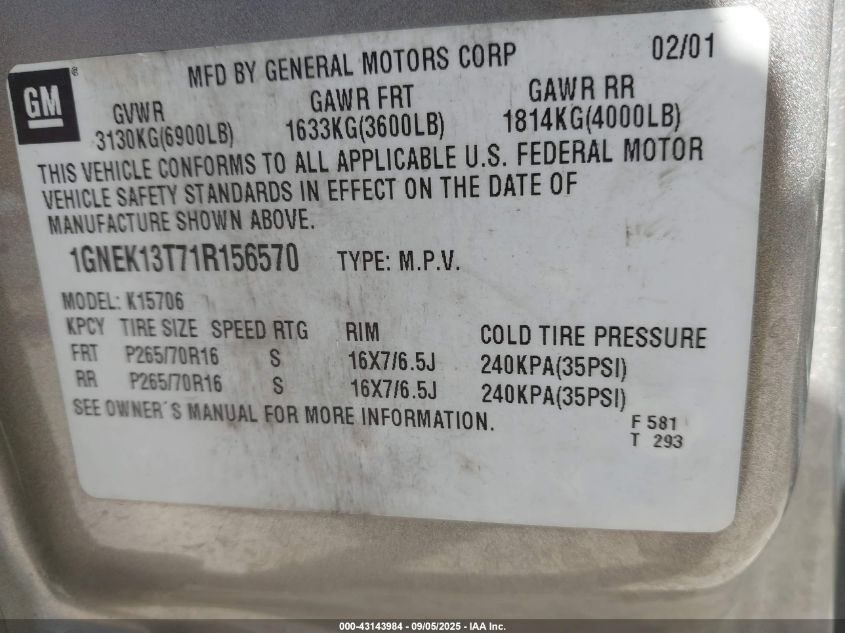 2001 Chevrolet Tahoe Ls VIN: 1GNEK13T71R156570 Lot: 43143984