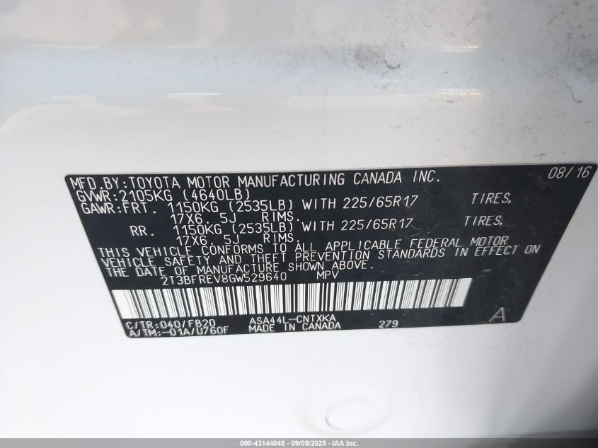2016 Toyota Rav4 Le VIN: 2T3BFREV8GW529640 Lot: 43144048