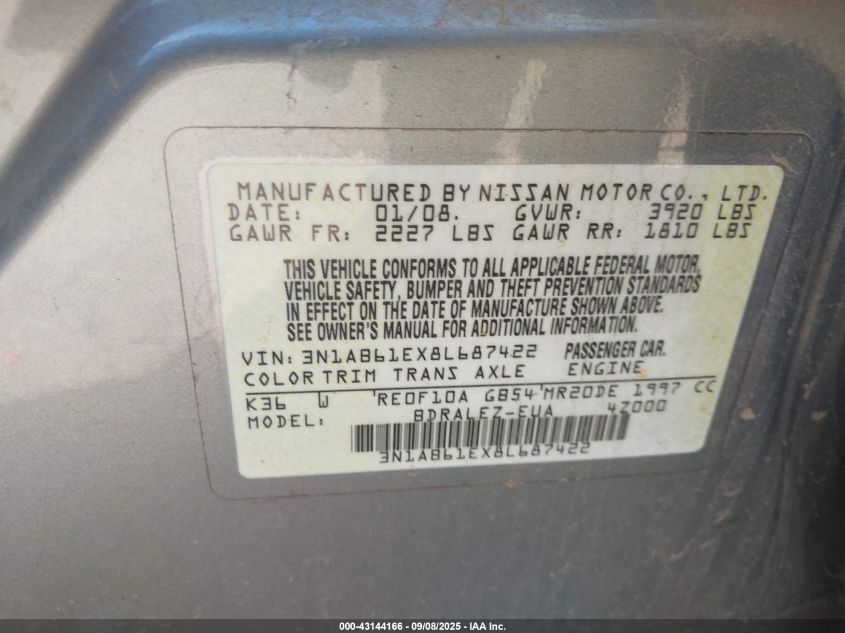 2008 Nissan Sentra 2.0S VIN: 3N1AB61EX8L687422 Lot: 43144166