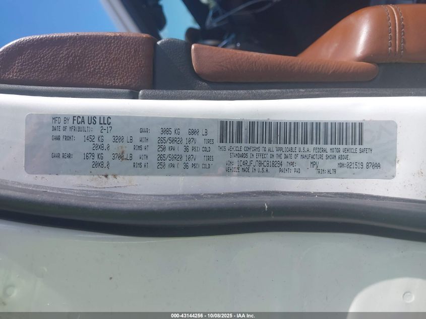 2017 Jeep Grand Cherokee Summit 4X4 VIN: 1C4RJFJT8HC818294 Lot: 43144256