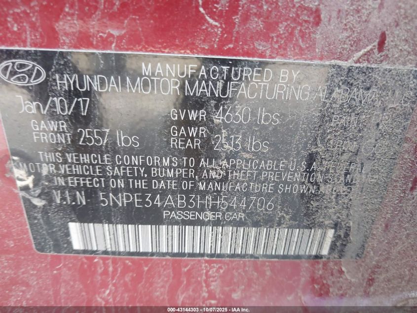 2017 Hyundai Sonata Sport 2.0T VIN: 5NPE34AB3HH544706 Lot: 43144303