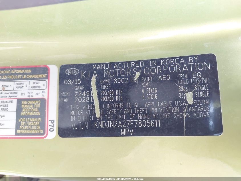 2015 Kia Soul VIN: KNDJN2A27F7805611 Lot: 43144305