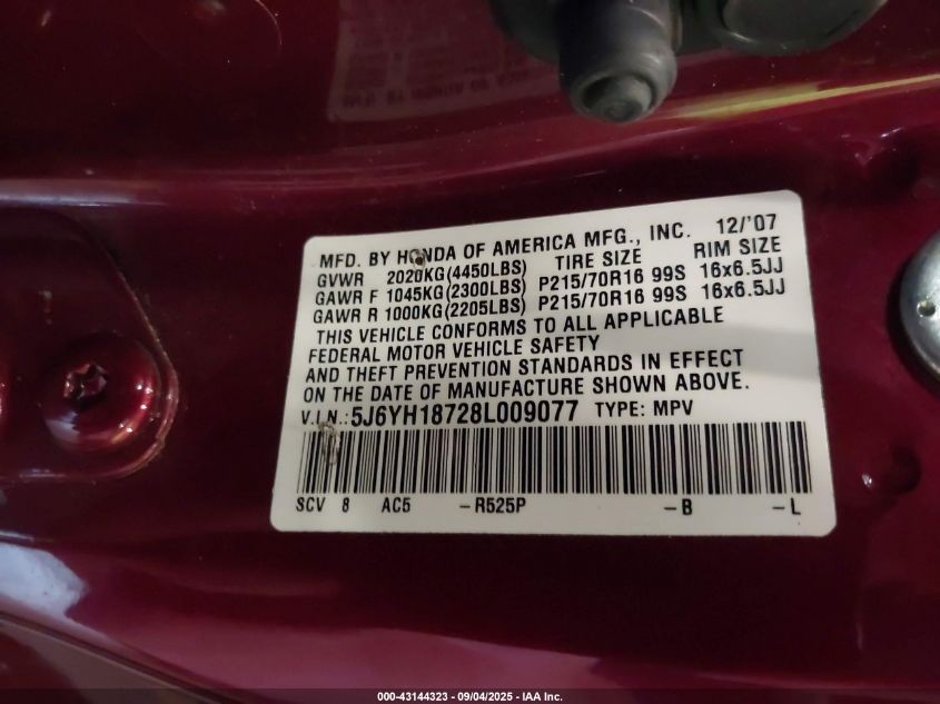 2008 Honda Element Ex VIN: 5J6YH18728L009077 Lot: 43144323
