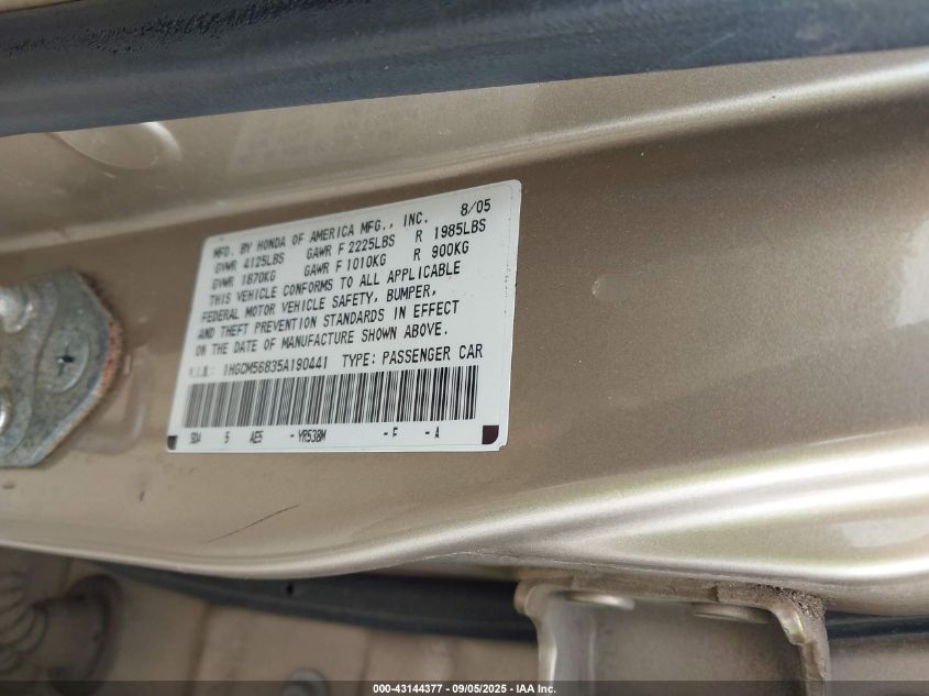 2005 Honda Accord 2.4 Ex VIN: 1HGCM56835A190441 Lot: 43144377