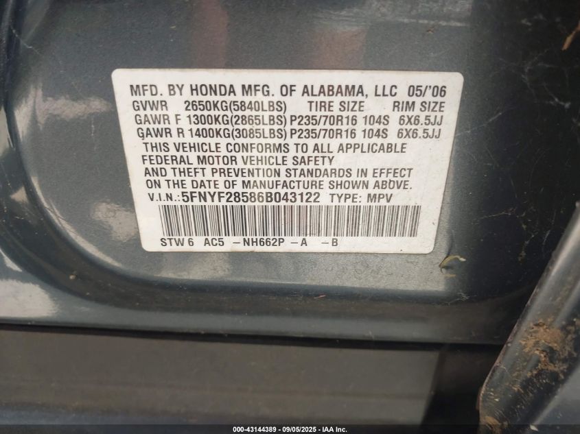 2006 Honda Pilot Ex-L VIN: 5FNYF28586B043122 Lot: 43144389