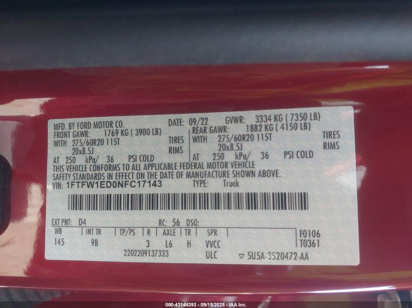 2022 Ford F-150 Platinum VIN: 1FTFW1ED0NFC17143 Lot: 43144393
