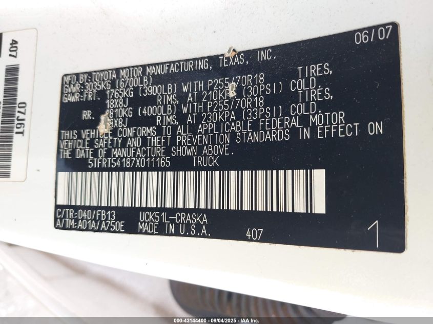 2007 Toyota Tundra Sr5 4.7L V8 VIN: 5TFRT54187X011165 Lot: 43144400