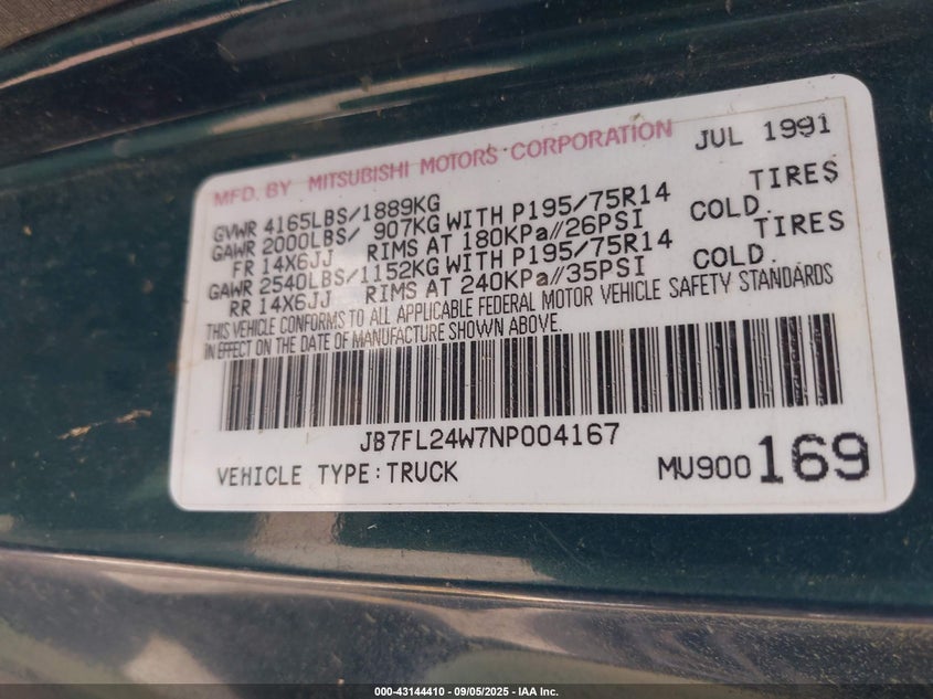 1992 Dodge Ram 50 VIN: JB7FL24W7NP004167 Lot: 43144410
