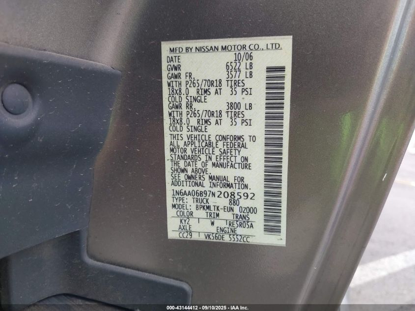2007 Nissan Titan Se VIN: 1N6AA06B97N208592 Lot: 43144412