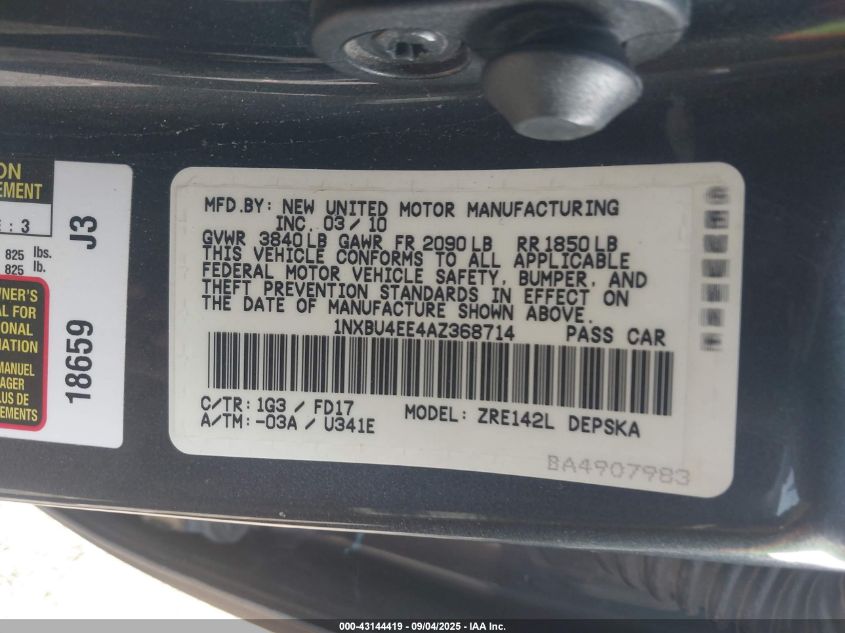 2010 Toyota Corolla S VIN: 1NXBU4EE4AZ368714 Lot: 43144419