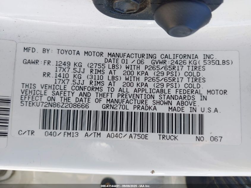 2006 Toyota Tacoma Prerunner V6 VIN: 5TEKU72N86Z208666 Lot: 43144451