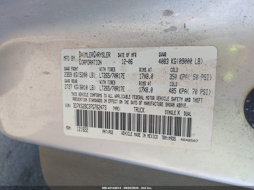 2007 Dodge Ram 2500 Slt/Sport VIN: 3D7KS28C37G762473 Lot: 43144514