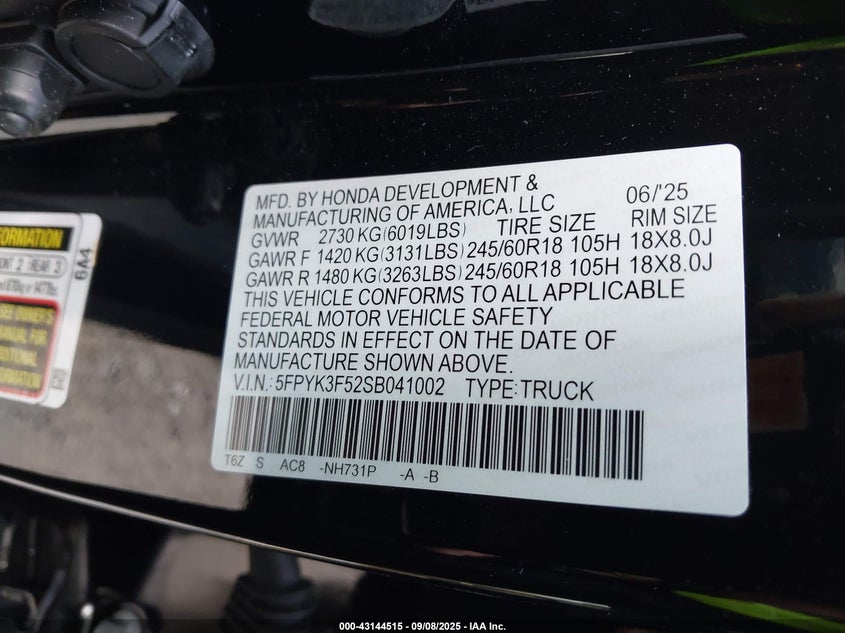 2025 HONDA RIDGELINE RTL - 5FPYK3F52SB041002