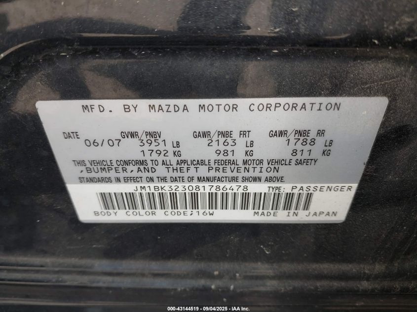 2008 Mazda Mazda3 S Grand Touring VIN: JM1BK323081786478 Lot: 43144519