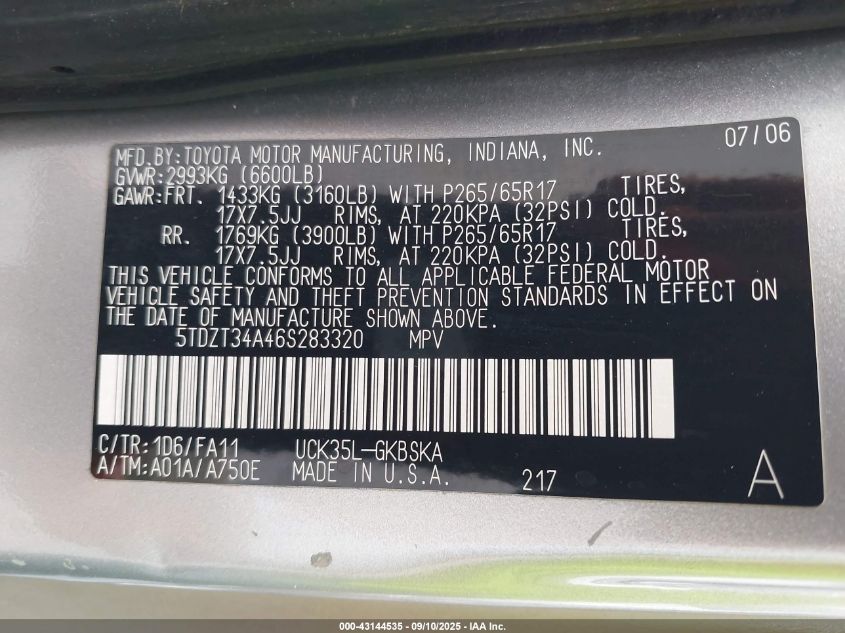 2006 Toyota Sequoia Sr5 V8 VIN: 5TDZT34A46S283320 Lot: 43144535