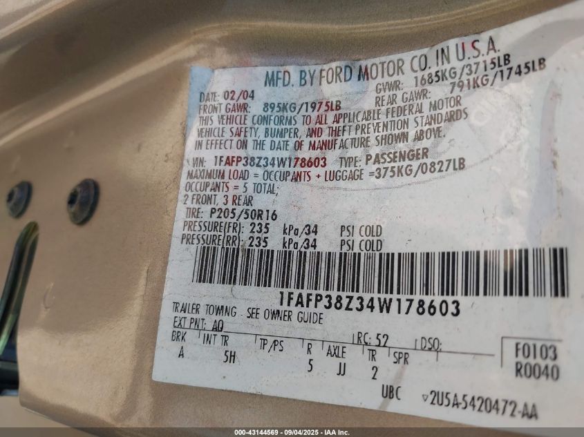 2004 Ford Focus Zts VIN: 1FAFP38Z34W178603 Lot: 43144569