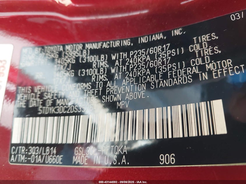 2013 Toyota Sienna Xle V6 7 Passenger Auto Access Seat VIN: 5TDYK3DC2DS352647 Lot: 43144593