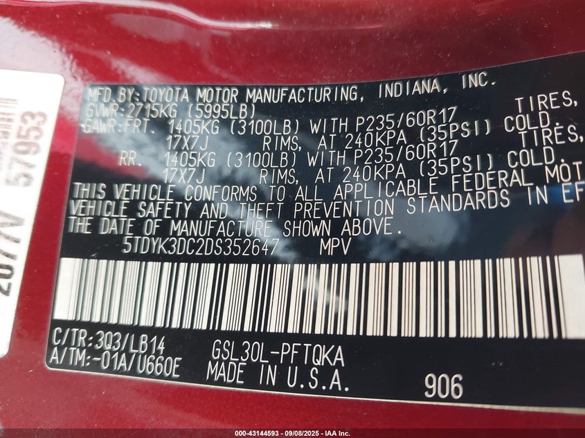 2013 Toyota Sienna Xle V6 7 Passenger Auto Access Seat VIN: 5TDYK3DC2DS352647 Lot: 43144593