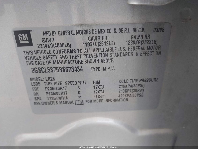 2008 Saturn Vue V6 Xr VIN: 3GSCL53758S673434 Lot: 43144613