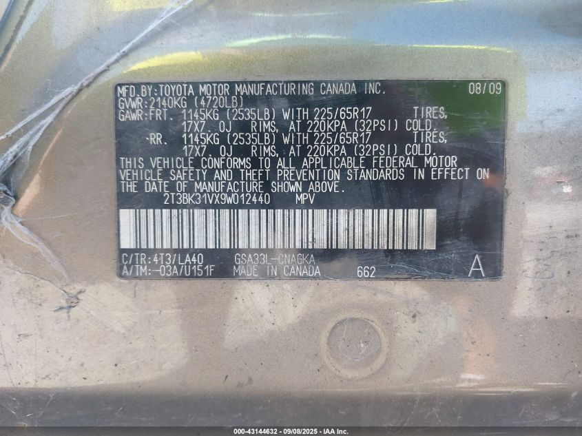 2009 Toyota Rav4 Limited V6 VIN: 2T3BK31VX9W012440 Lot: 43144632