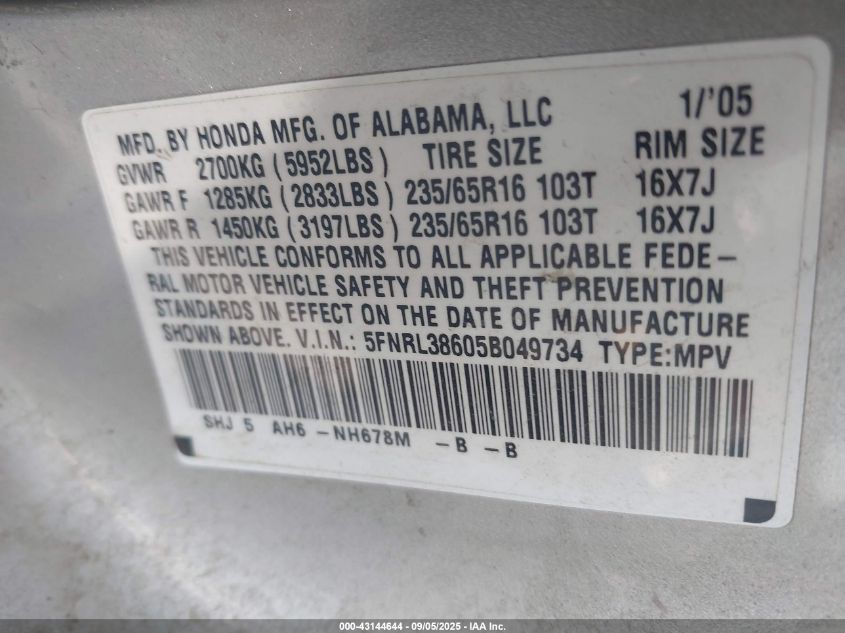 2005 Honda Odyssey Ex-L VIN: 5FNRL38605B049734 Lot: 43144644