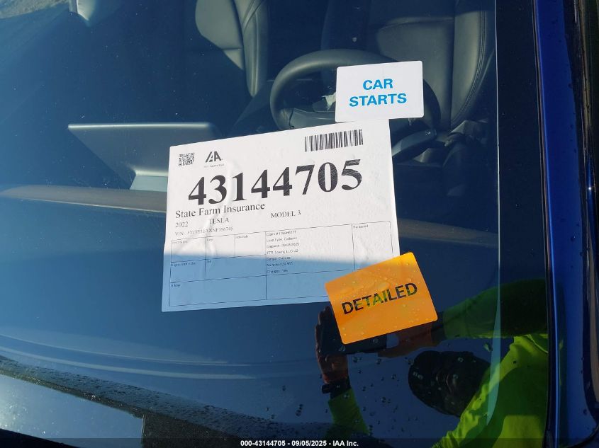 2022 Tesla Model 3 Rear-Wheel Drive VIN: 5YJ3E1EAXNF356745 Lot: 43144705