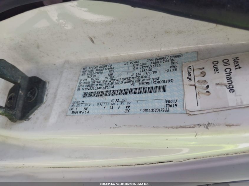 2004 Ford E-350 Super Duty Chateau/Xl/Xlt VIN: 1FBNE31LX4HA85538 Lot: 43144774