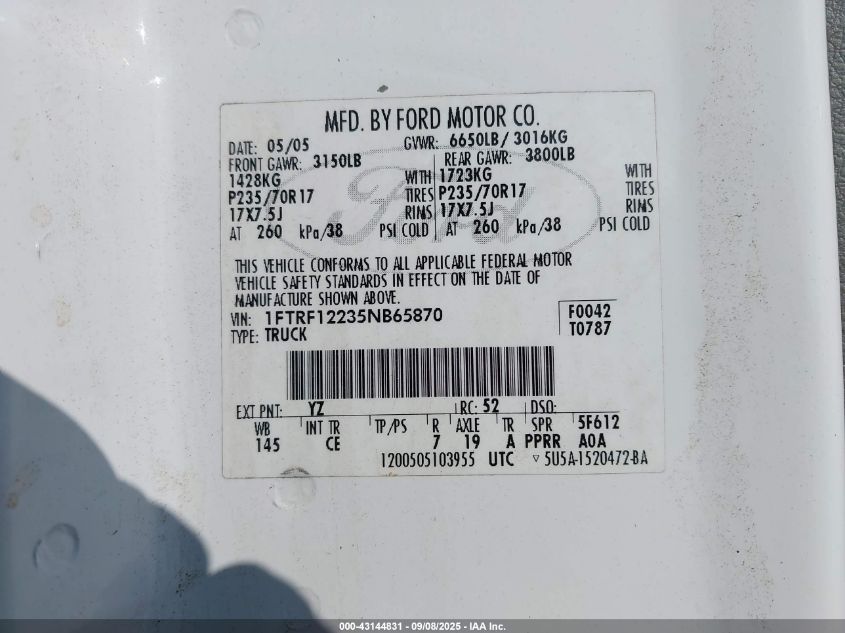 2005 Ford F-150 Stx/Xl/Xlt VIN: 1FTRF12235NB65870 Lot: 43144831