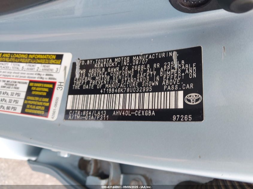 2008 Toyota Camry Hybrid VIN: 4T1BB46K78U032995 Lot: 43144863