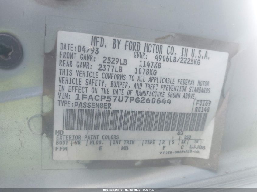 1993 Ford Taurus Gl VIN: 1FACP57U7PG260644 Lot: 43144870