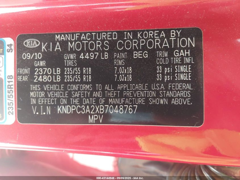 2011 Kia Sportage Ex VIN: KNDPC3A2XB7048767 Lot: 43144946