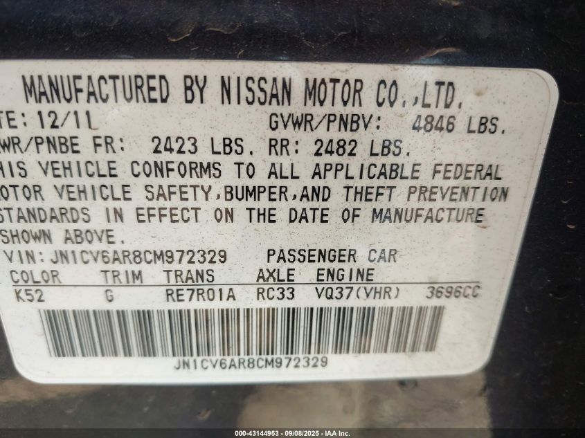 2012 Infiniti G37X VIN: JN1CV6AR8CM972329 Lot: 43144953