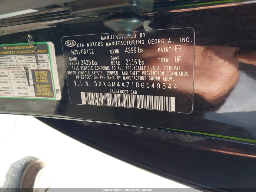 2013 Kia Optima Lx VIN: 5XXGM4A71DG149544 Lot: 43144962