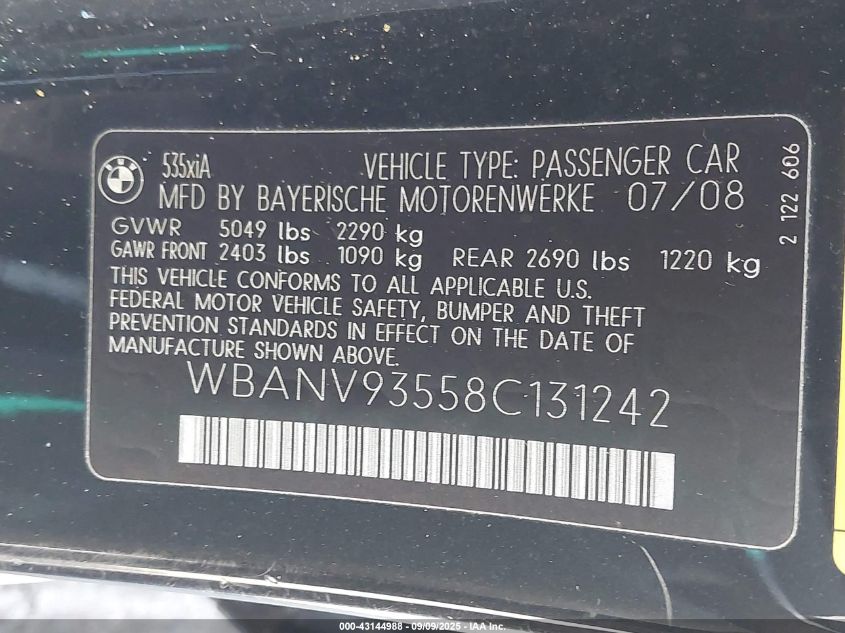 2008 BMW 535Xi VIN: WBANV93558C131242 Lot: 43144988