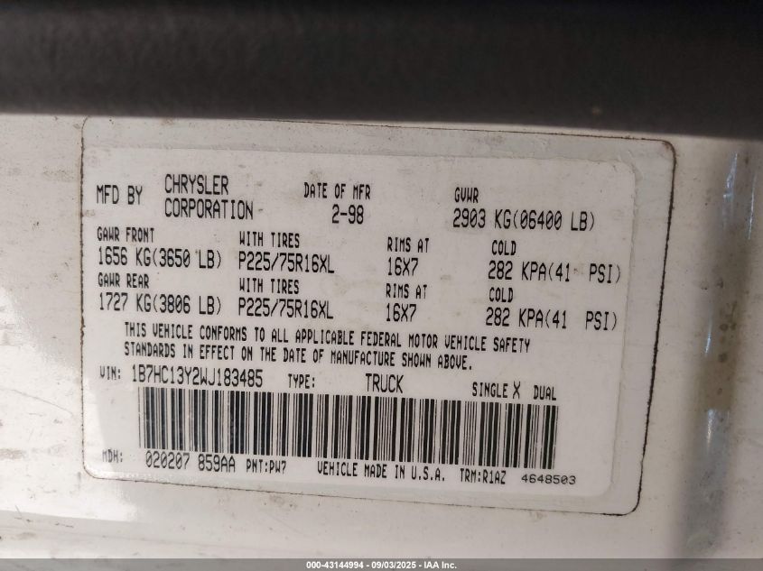 1998 Dodge Ram 1500 St VIN: 1B7HC13Y2WJ183485 Lot: 43144994