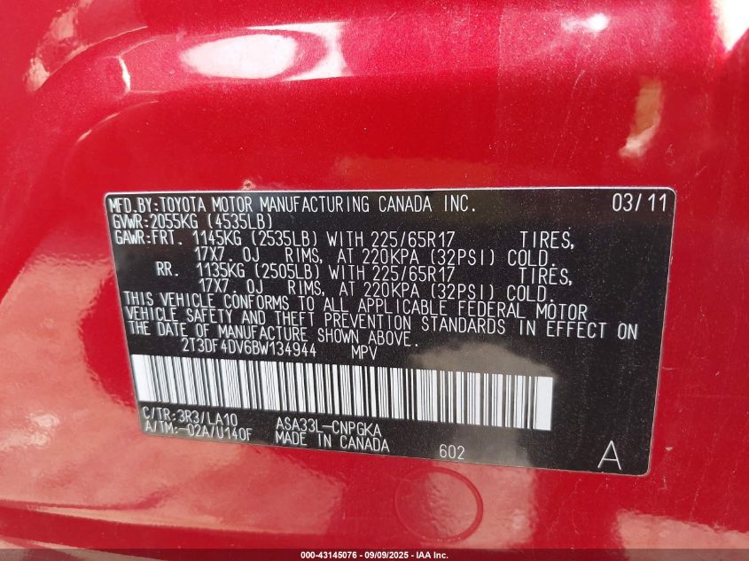 2011 Toyota Rav4 Limited VIN: 2T3DF4DV6BW134944 Lot: 43145076