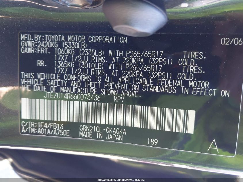 2006 Toyota 4Runner Sr5/Sport VIN: JTEZU14R660073436 Lot: 43145085