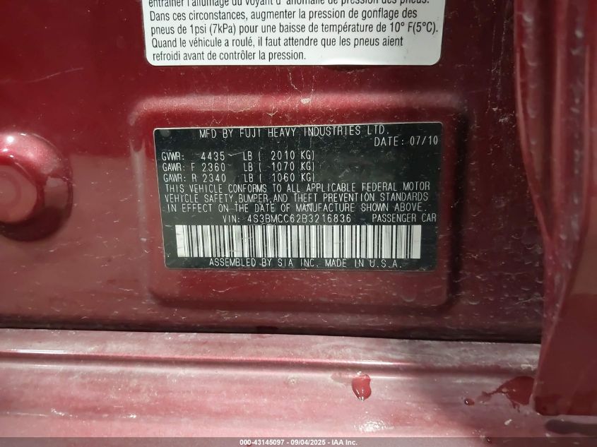 2011 Subaru Legacy 2.5I Premium VIN: 4S3BMCC62B3216836 Lot: 43145097