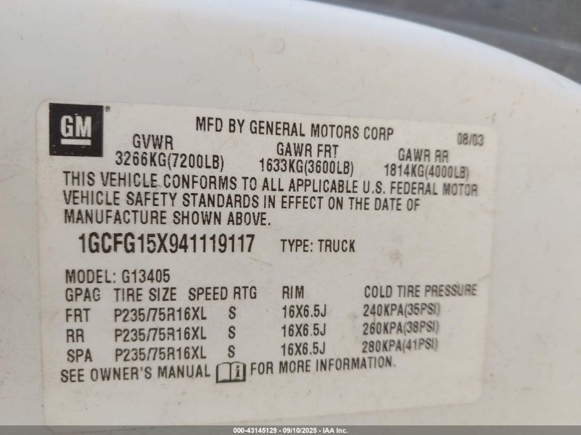 2004 Chevrolet Express VIN: 1GCFG15X941119117 Lot: 43145129