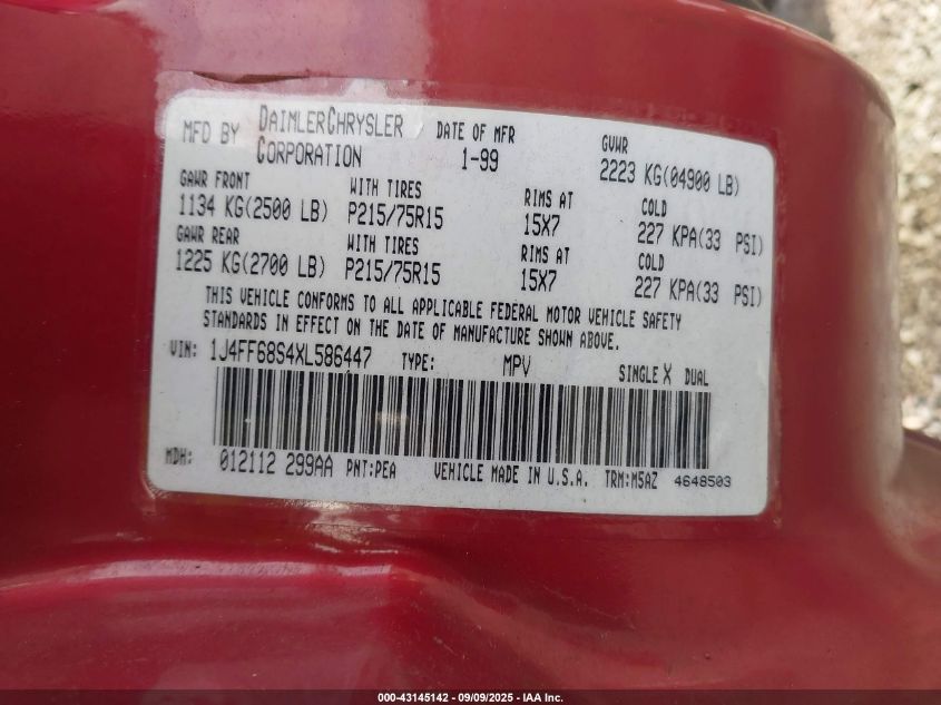 1999 Jeep Cherokee Classic/Sport VIN: 1J4FF68S4XL586447 Lot: 43145142