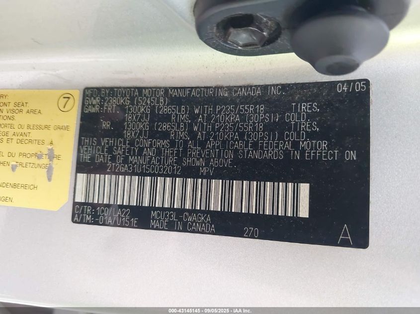 2005 Lexus Rx 330 VIN: 2T2GA31U15C032012 Lot: 43145145