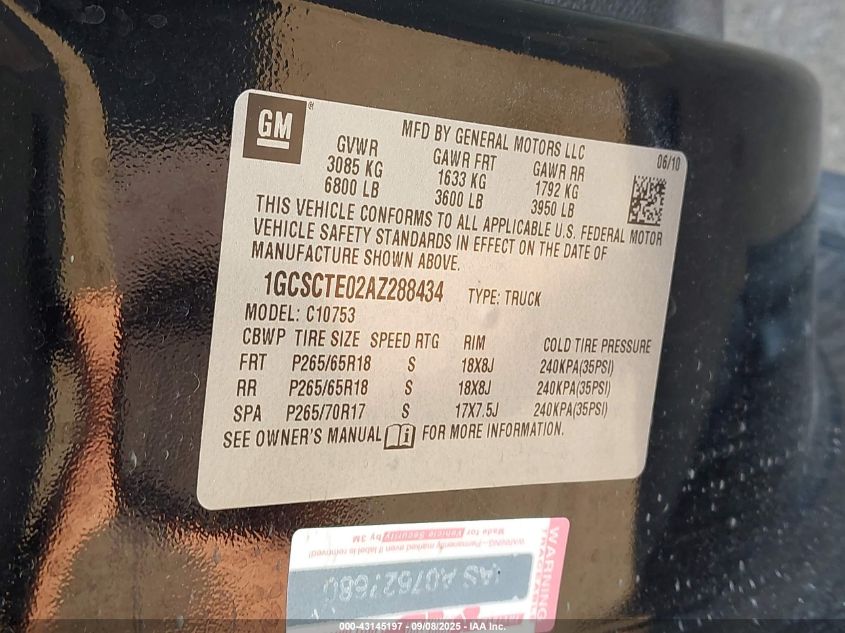 2010 Chevrolet Silverado 1500 Ltz VIN: 1GCSCTE02AZ288434 Lot: 43145197