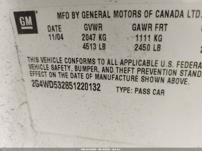 2005 Buick Lacrosse Cxl VIN: 2G4WD532851220132 Lot: 43145259