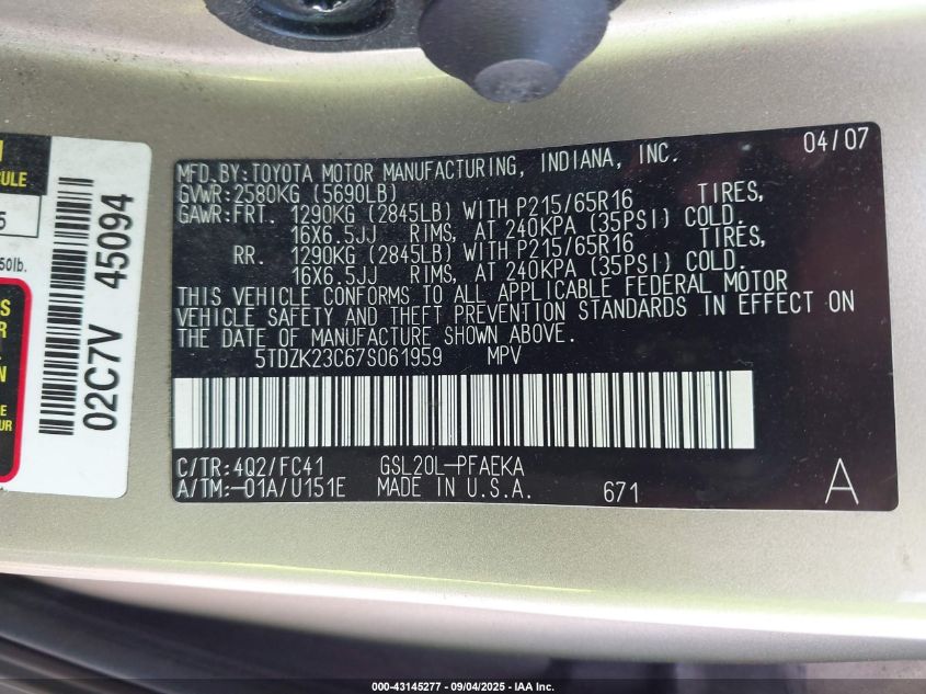 2007 Toyota Sienna Le VIN: 5TDZK23C67S061959 Lot: 43145277