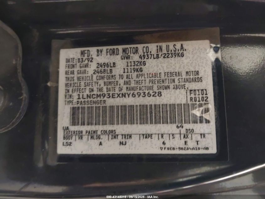 1992 Lincoln Mark Vii Lsc VIN: 1LNCM93EXNY693628 Lot: 43145315