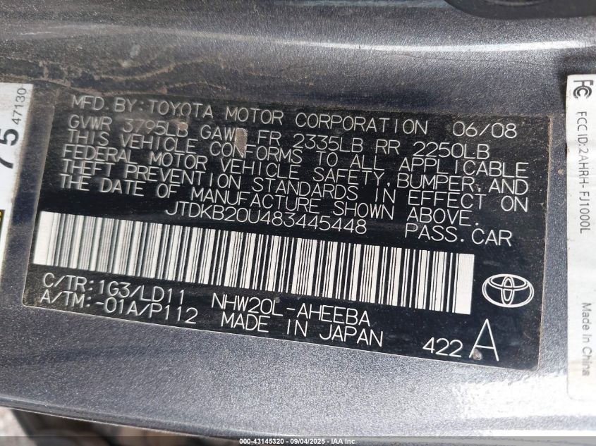 2008 Toyota Prius Base (Cvt-E) VIN: JTDKB20U483445448 Lot: 43145320