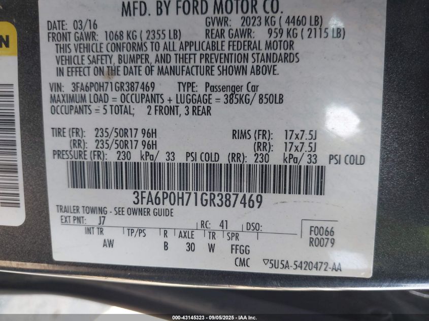 2016 Ford Fusion Se VIN: 3FA6P0H71GR387469 Lot: 43145323